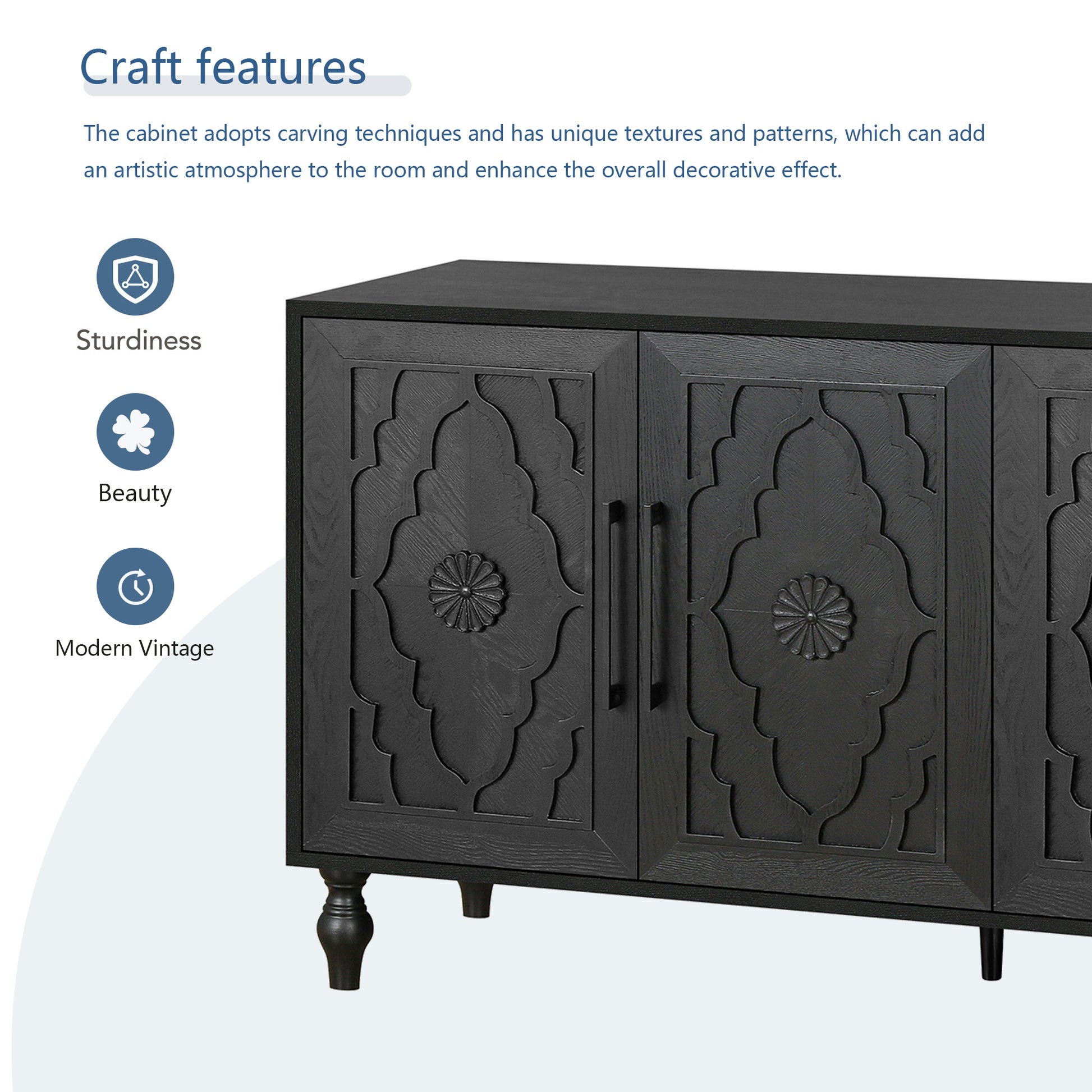 Carved Flower Door Large Storage Cabinet With Metal Handle Suitable For Living Room, Kitchen, Entryway Black Black Primary Living Space Mdf