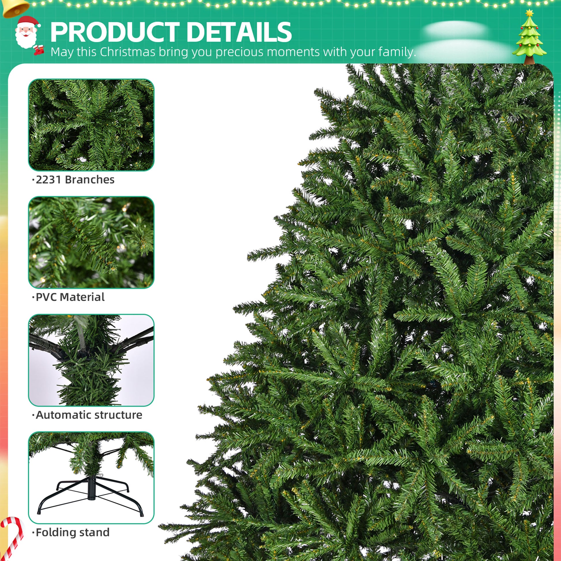 7Ft Artificial Christmas Tree, Premium Unlit Hinged Spruce Full Tree With 2231 Branch Tips, Metal Stand, Hinged Structure, Easy Assembly Festival Celebration Xmas Tree For Home, Office, Party Green