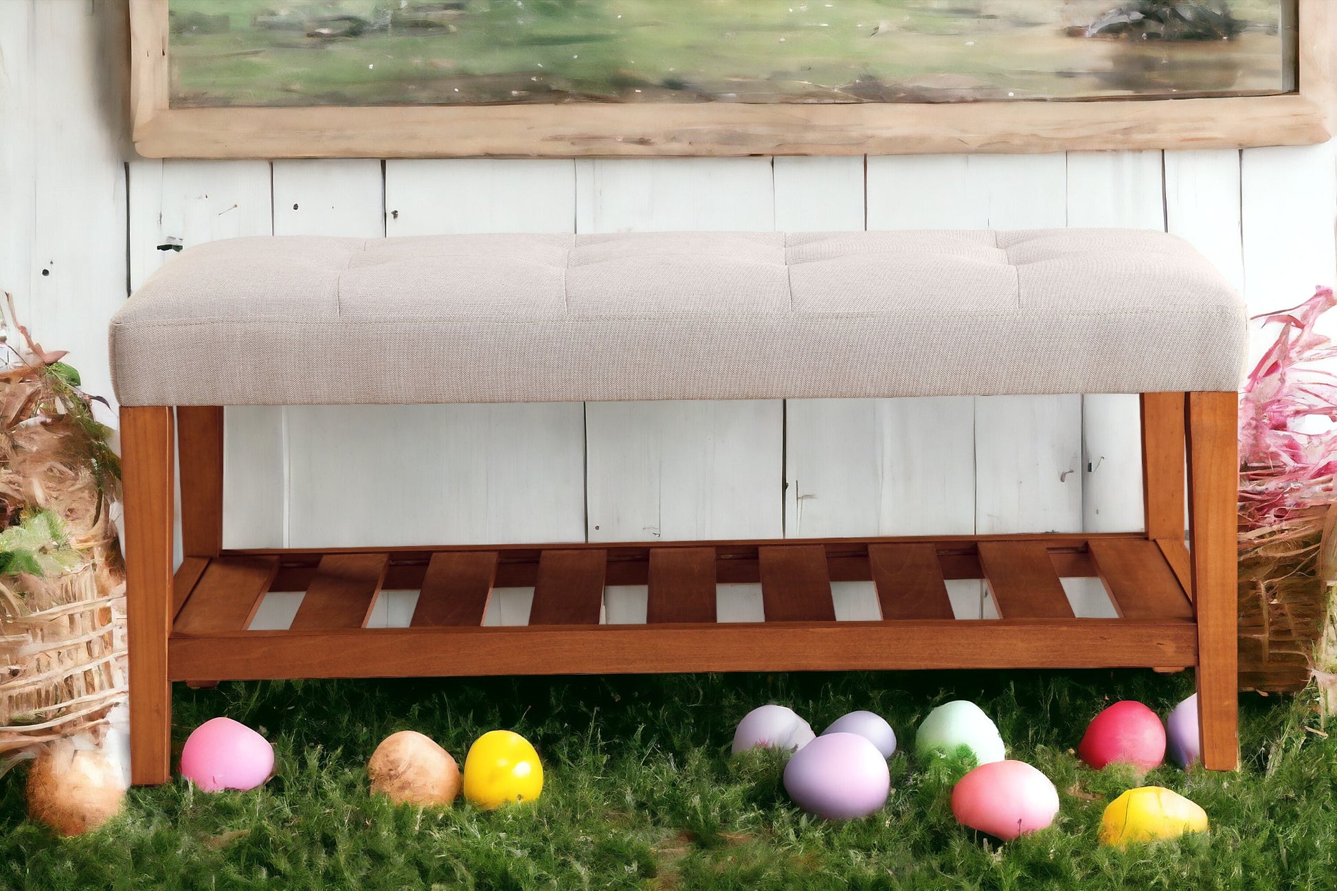 Charla Light Gray Fabric & Oak Finish Bench Gray Fabric,Synthetic Wood