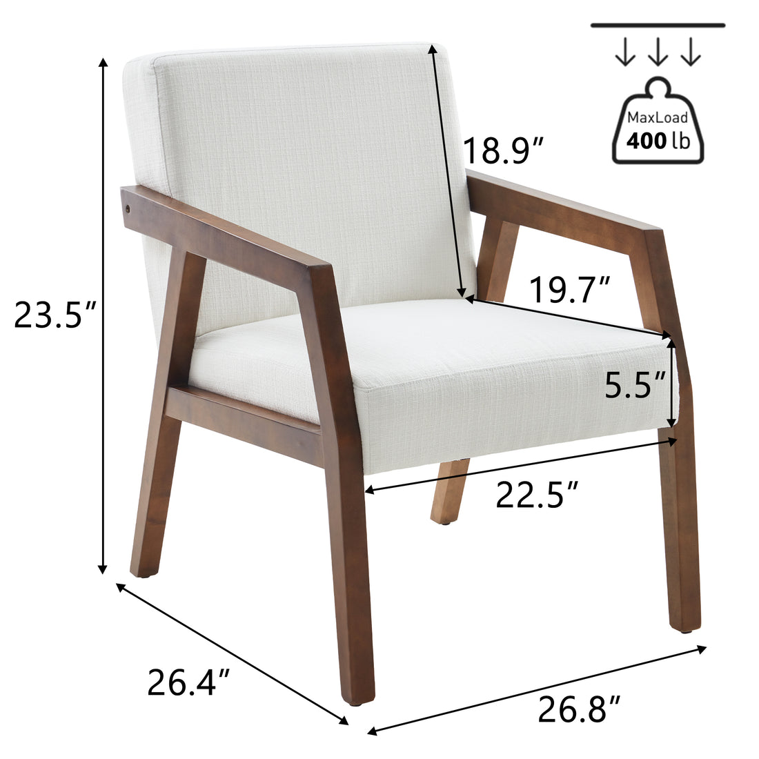 Solid Wooden Mid Century Modern Accent Chair, Upholstered Arm Chair For Living Room, Bedroom, Linen Fabric Reading Chair, Side Chair, White White Brown Study Mid Century Modern Birch Upholstered