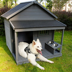 Large Dog House, Long 44.2" X Wide 44.6" X High 44.6" Solid Wood Asphalt Roof Dog House With Large Terrace For Large Dogs, Weatherproof Large Dog House Improved ,Small Wooden Doors That Can Be Locked Gray Solid Wood