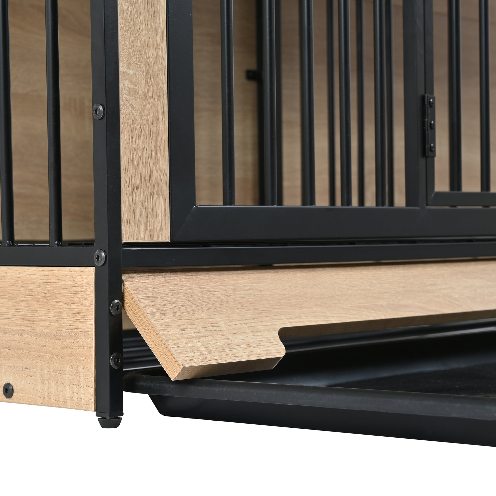 Dog Crate Furniture With Two Combined Room, Xl Large Double Dog Cage Furniture With Tray For Medium Large Dogs, Wooden Dog Kennel Furniture Black Natural Mdf Iron