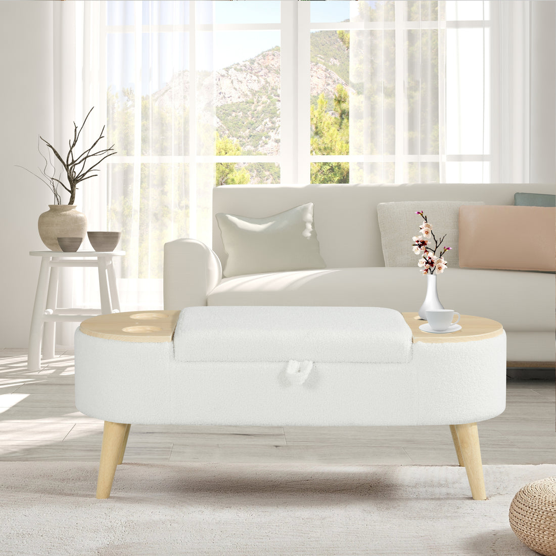 Ottoman Oval Storage Bench 3D Pile Fabric Bench With Large Storage Space For Living Room, Entryway And Bedroom Inoff White Baskets White Primary Living Space Black Eucalyptus Wood Off White Step Stools & Step Ladders Cashmere Floral Ultra Modern Cubby