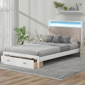 Wood Full Size Platform Bed With Upholstered Headboard And Led And 2 Drawers, Antique White Box Spring Not Required Full Antique White Wood Bed Frame Solid Wood Mdf