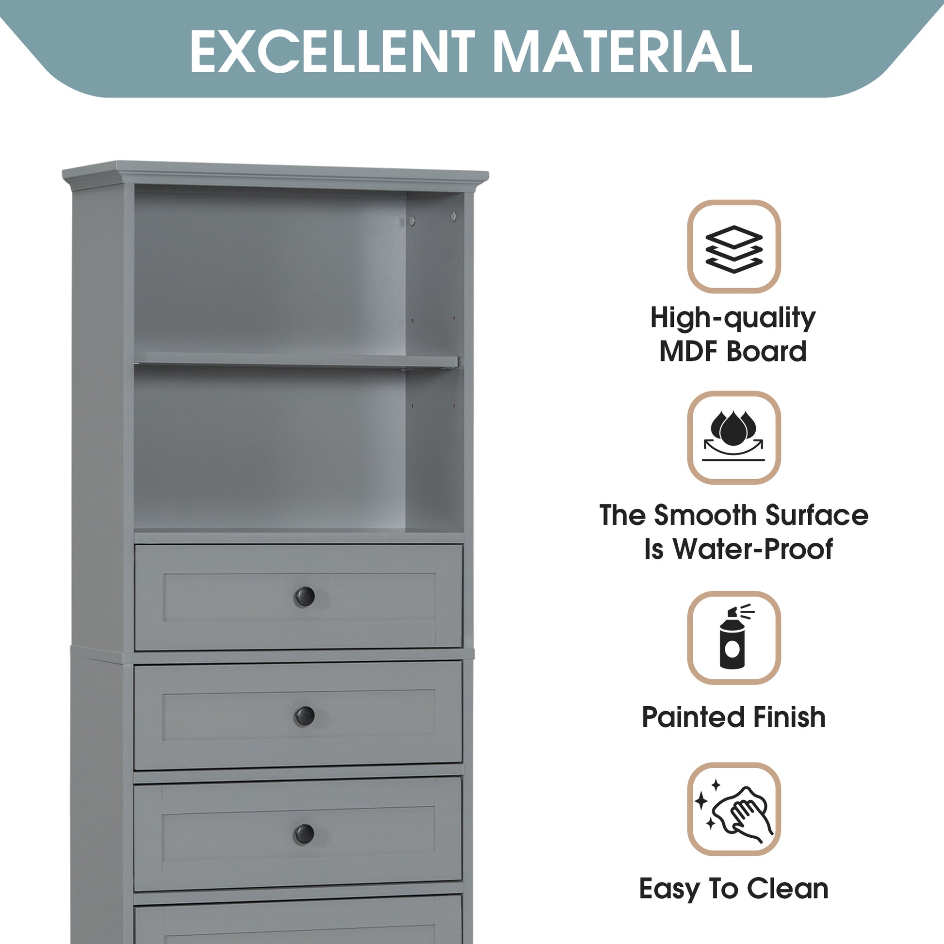 Gray Tall Storage Cabinet With 3 Drawers And Adjustable Shelves For Bathroom, Study, Office And Interior, Mdf Board With Painted Finish Gray Mdf