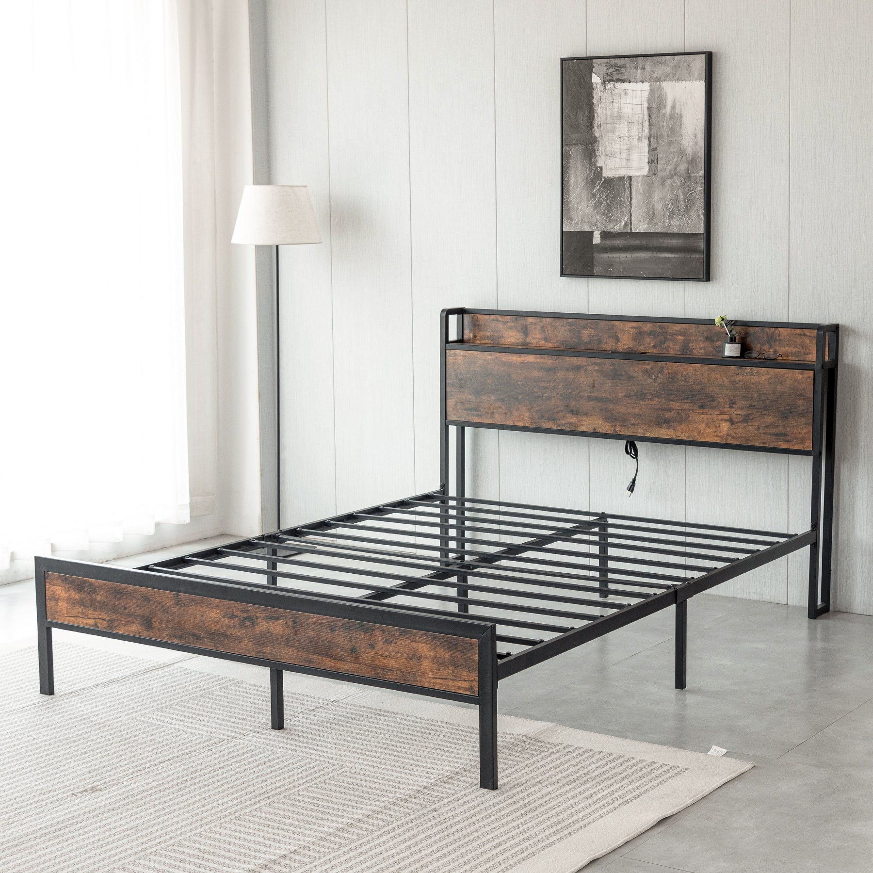 Black Queen Metal Bed Frame With Wooden Headboard And And Footboard And Iron Slats, Rustic Bed Base, Heavy Duty Platform Bed Frame, 12 Inch Underbed Storage No Springs Required Box Spring Required Queen Black Dark Walnut Metal Brown Bedroom