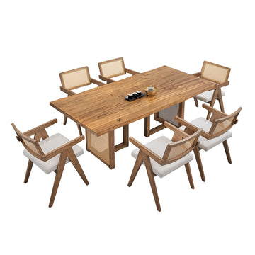 86.61 Inch Oversize Rectangular Dining Set,7 Pcs Wooden Dining Table And Chairs,Mid Century Modern Large Kitchen Set For Living Room,Bohemian Dining Table With Rattan Weave For Restaurant,Office,Oak