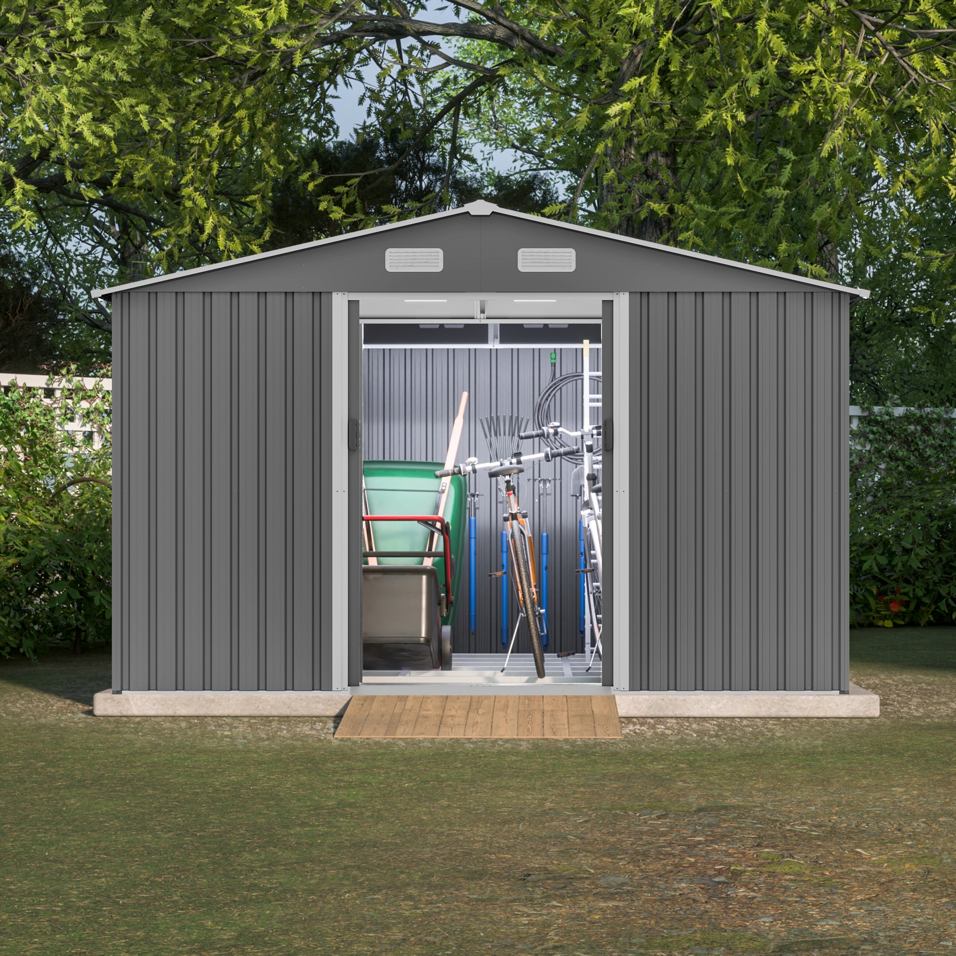 10X8 Ft Outdoor Tool Storage Shed With Metal Foundation & Lockable Doors, All Weather Metal Sheds For Garden, Patio, Backyard, Lawn, Gray Gray Metal