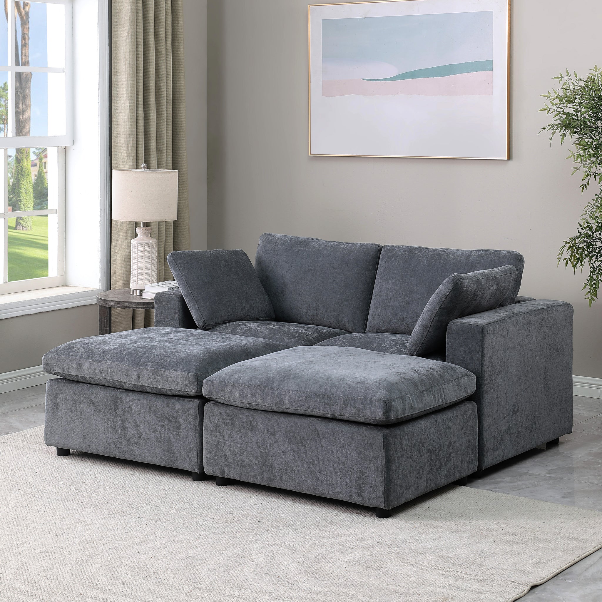 68.5" Loveseat Sofa With 2 Ottoman Modular Sofa Sleeper Couch Set Upholstered Couch For Living Room Apartment Small Space, Chenille Grey Grey Fabric 4 Seat