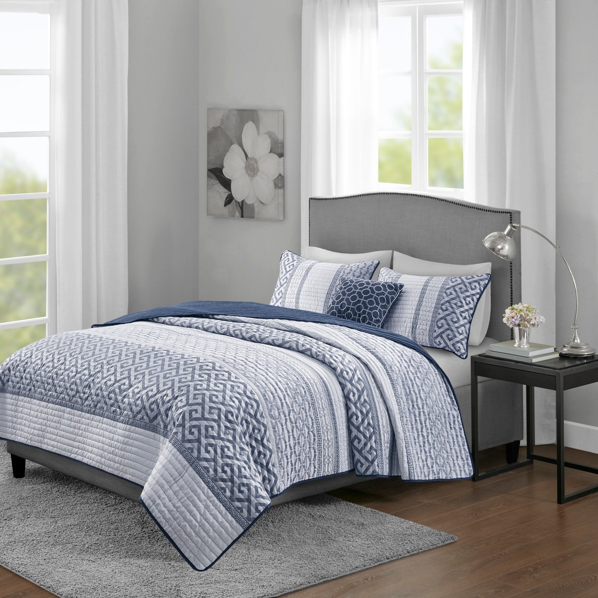 4 Piece Jacquard Quilt Set With Throw Pillow Navy Full Queen Full Navy Polyester