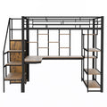 Full Size Metal Loft Bed With Storage Staircase And Small Wardrobe, Built In Desk And Storage Shelves, Black Full Black Metal