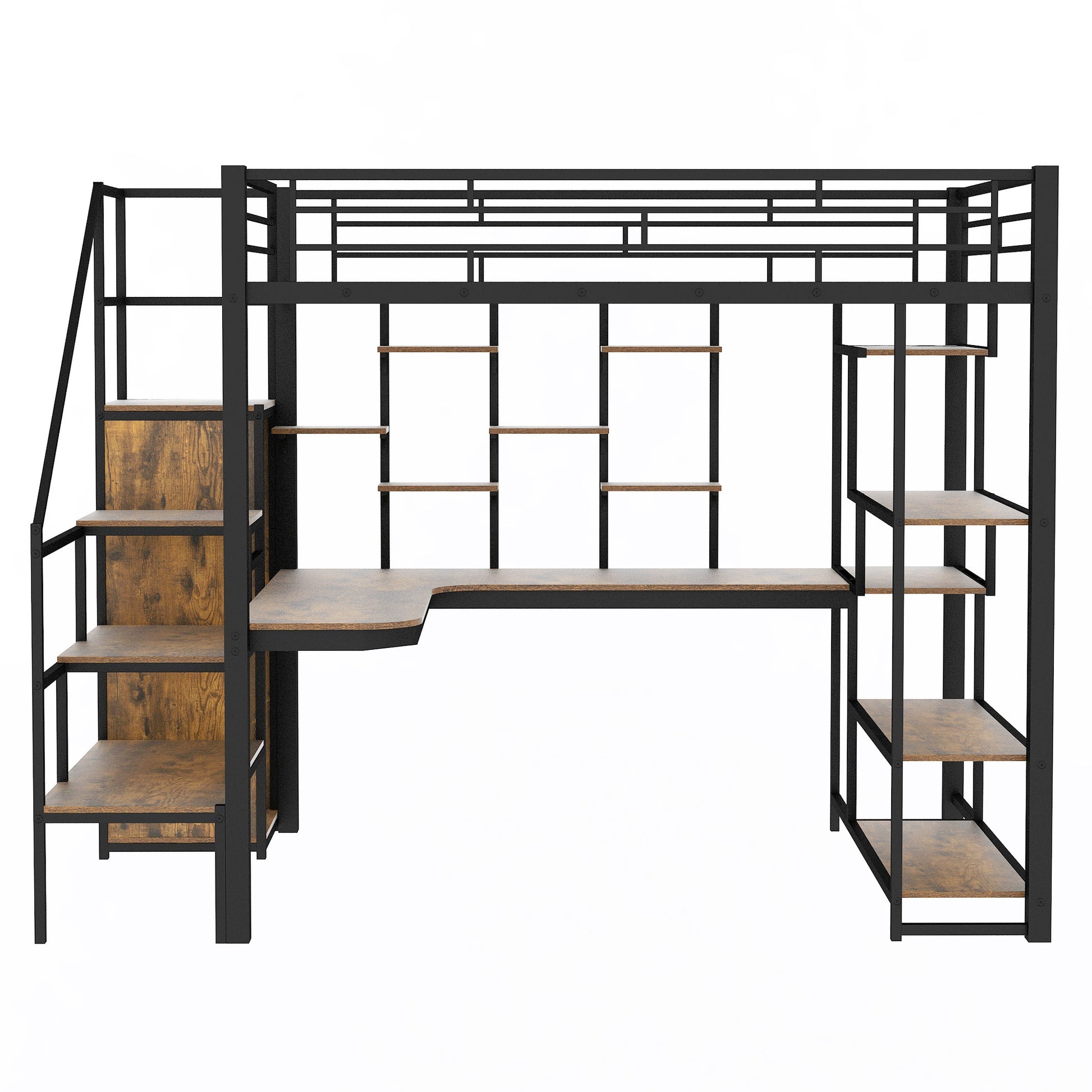 Full Size Metal Loft Bed With Storage Staircase And Small Wardrobe, Built In Desk And Storage Shelves, Black Full Black Metal