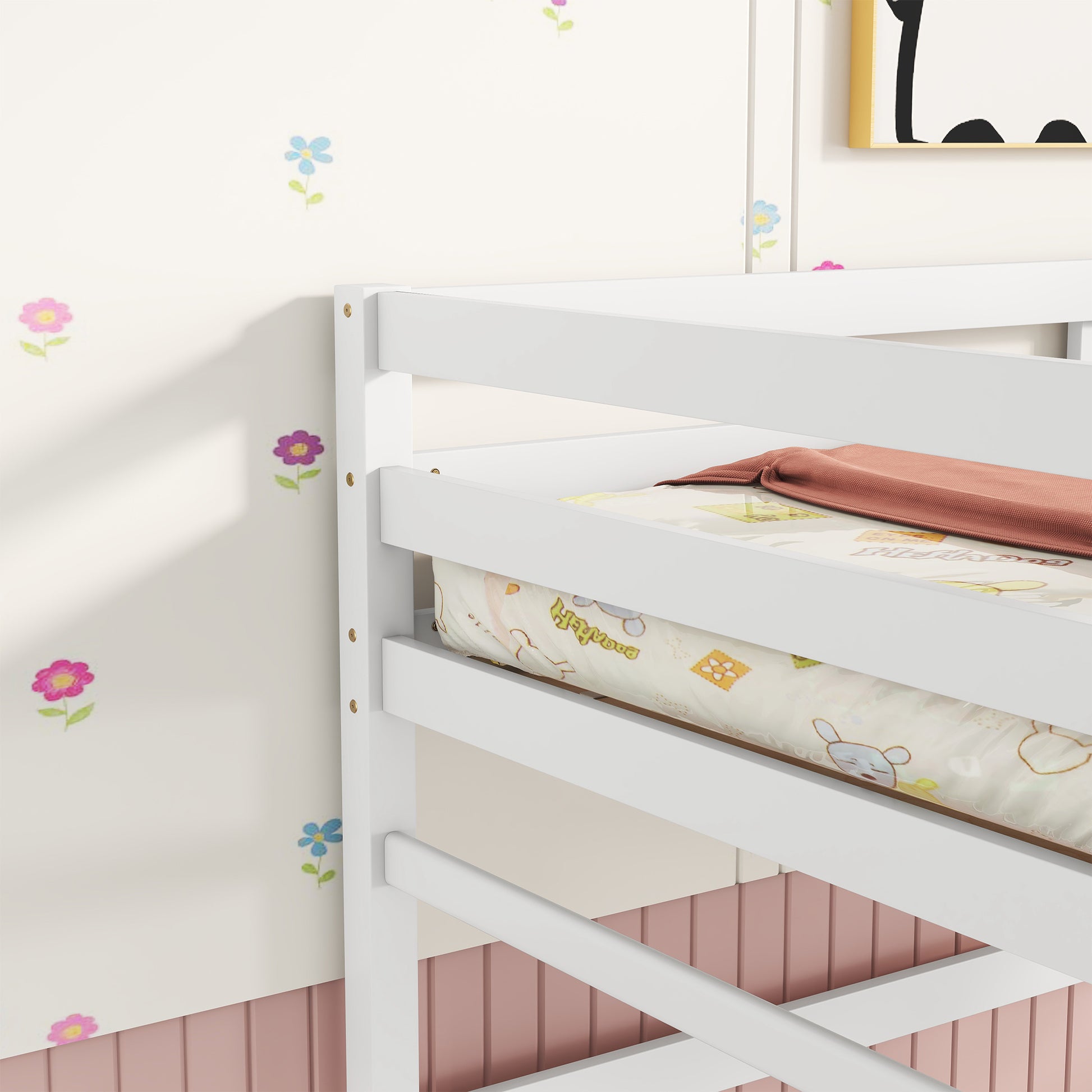 Twin Size High Loft Bed With Inclined Ladder, Guardrails,White Twin White American Design Pine