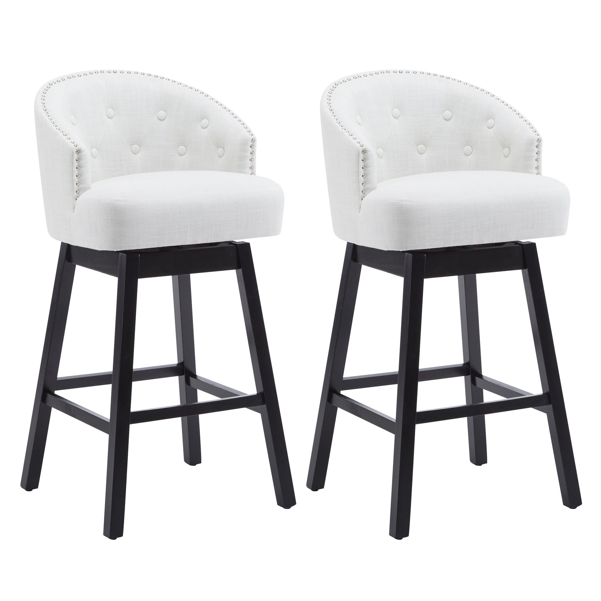 33.25" Swivel Counter Stools Set Of 2, Upholstered Counter Height Bar Stools With Solid Rubber Wood Frame, Backrest, Footrest, Armless Barstools For Home Bar, Kitchen Counter, Black Beige Rubberwood