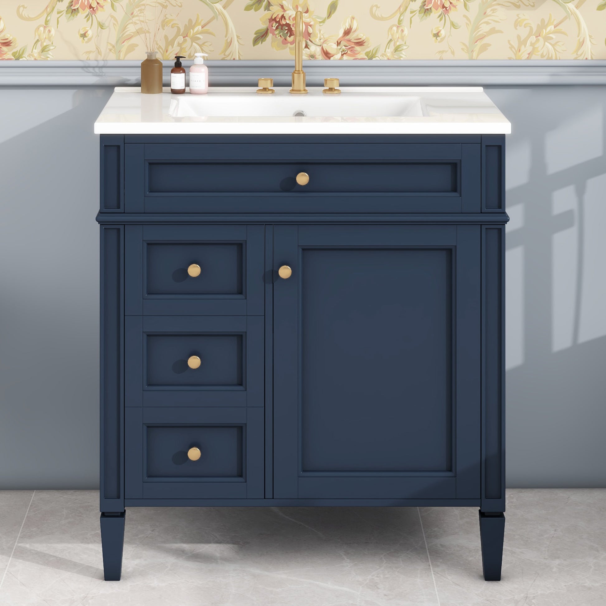 30'' Bathroom Vanity With Top Sink, Modern Bathroom Storage Cabinet With 2 Drawers And A Tip Out Drawer, Single Sink Bathroom Vanity Blue Modern Mdf Ceramic,Solid Wood Mdf