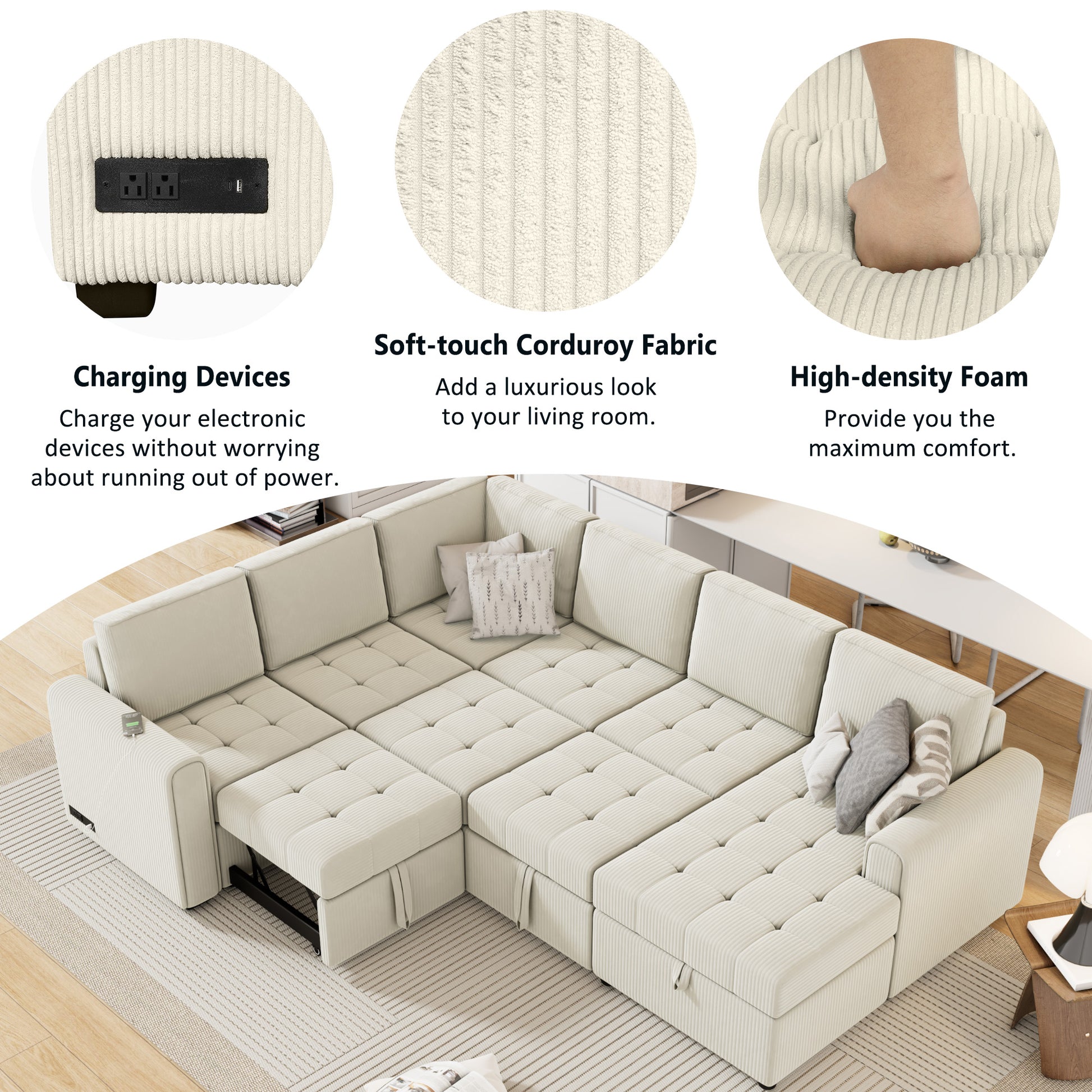 107.5" U Shaped Sofa Sectional Sofa Pull Out Sofa Bed With A Storage Chaise Lounge, Charging Devices For Living Room, Beige Beige Foam Corduroy 5 Seat