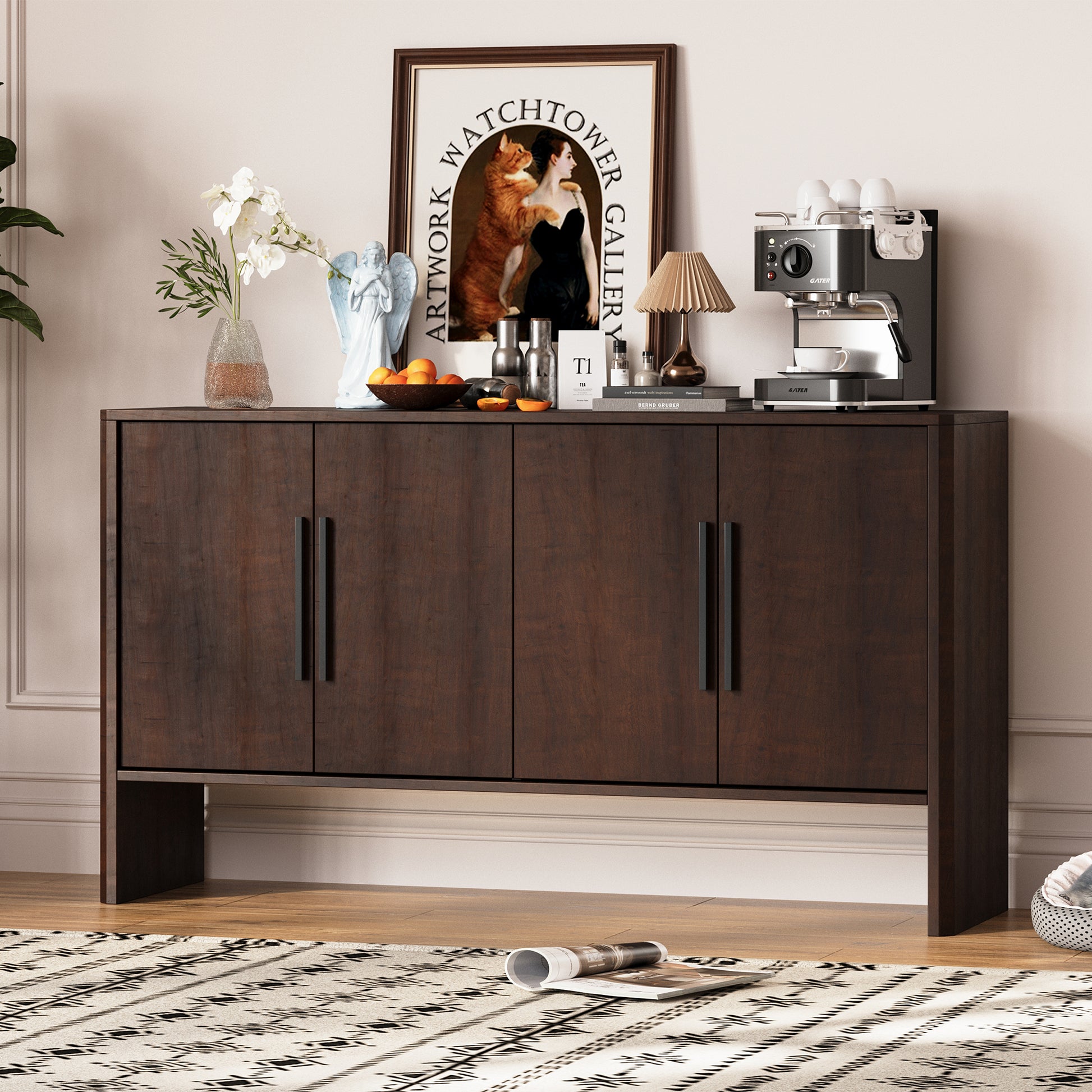4 Door Large Storage Retro Sideboard With Adjustable Shelves And Long Handles For Kitchen, Dining Room And Living Room Espresso Espresso Mdf