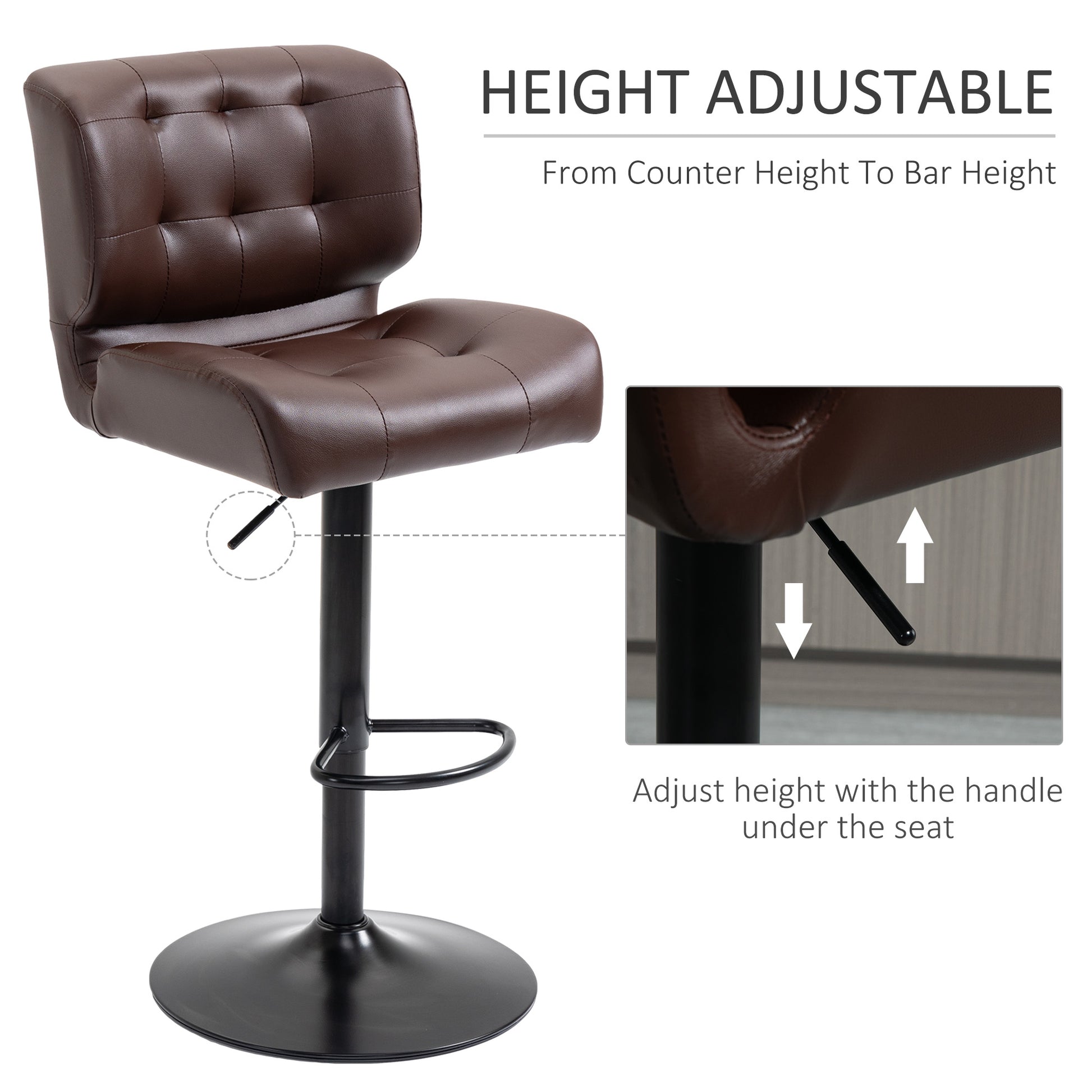 Homcom Bar Height Bar Stools Set Of 2 With Adjustable Seat, Thick Padded Cushion And Metal Footrest For Home Bar, Brown Brown Plastic