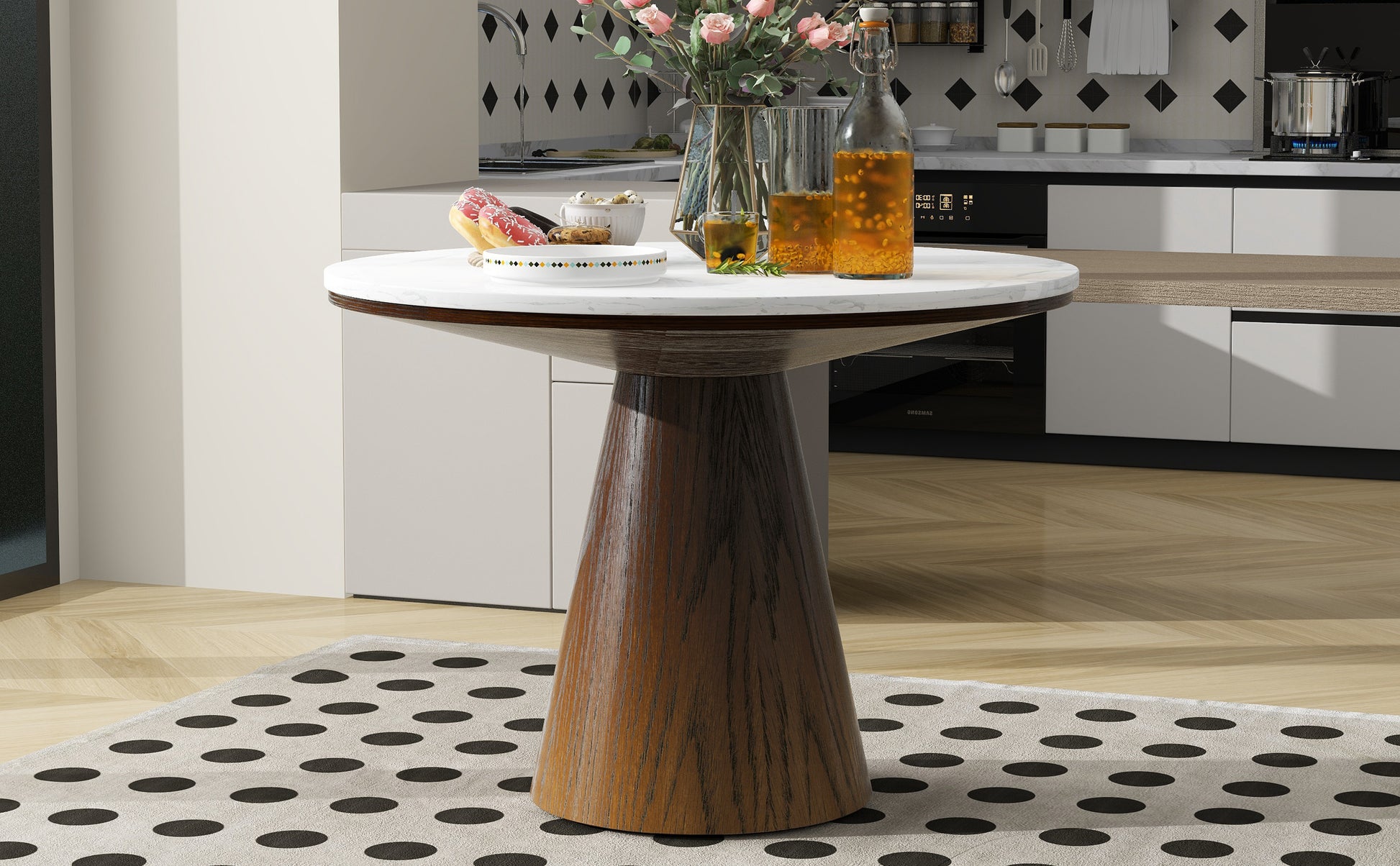 Retro Round Dining Table Minimalist Elegant Table For Living Room, Dining Room White Brown Brown White Rubber Wood