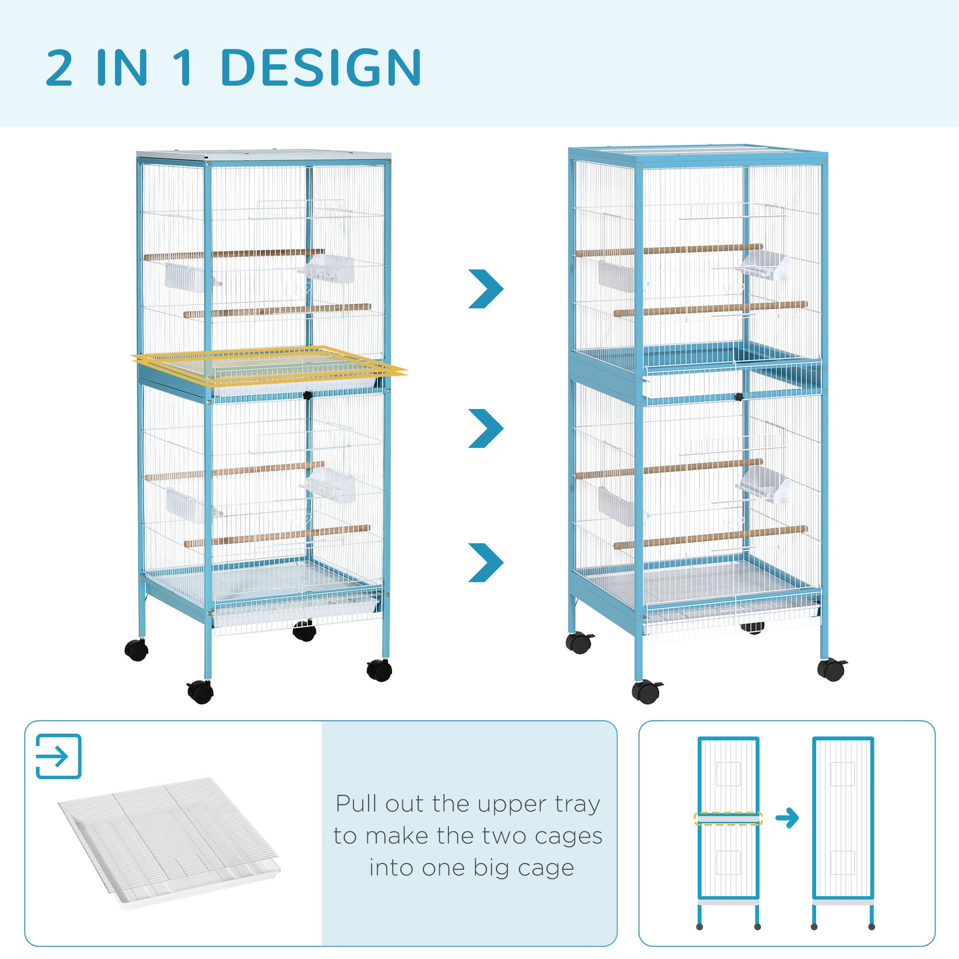 Pawhut Large Bird Cage With 1.7 Ft. Width For Wingspan, Bird Aviary Indoor With Multi Door Design, Fit For A Canary, Finch, Conure, 55", Light Blue Light Blue Steel