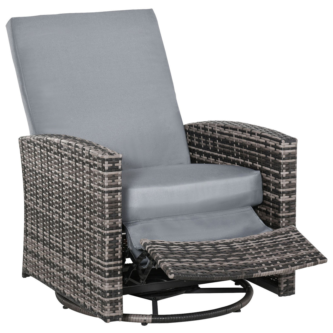 Outsunny Outdoor Wicker Swivel Recliner Chair, Reclining Backrest, Lifting Footrest, 360 Rotating Basic, Water Resistant Cushions For Patio, Gray Grey Plastic