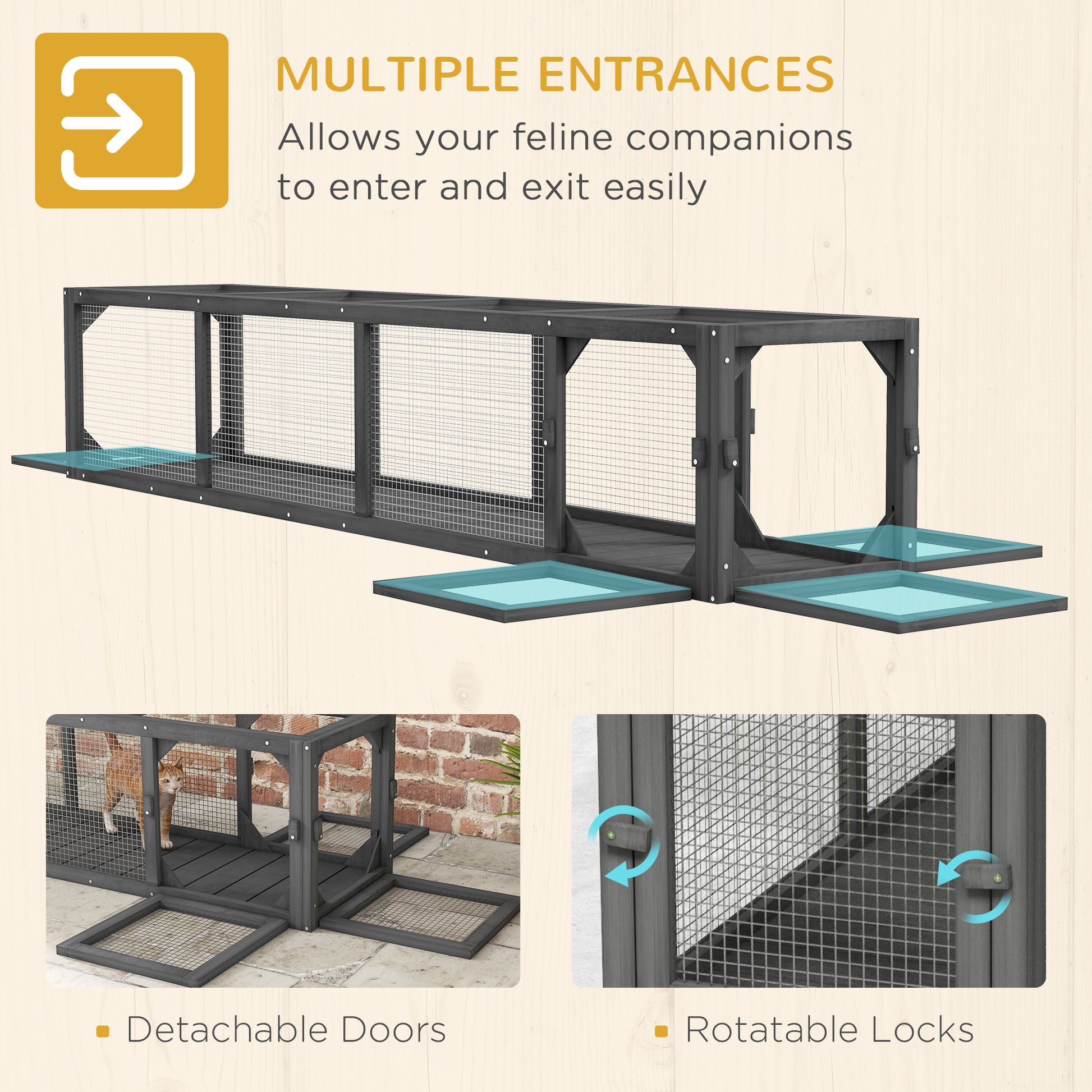 Pawhut Outdoor Cat Tunnel With Extendable Design, 79" L Wooden Cat Run With Weather Protection, Connecting Inside And Outside, For Deck Patios, Balconies, Dark Gray Grey Black Wood