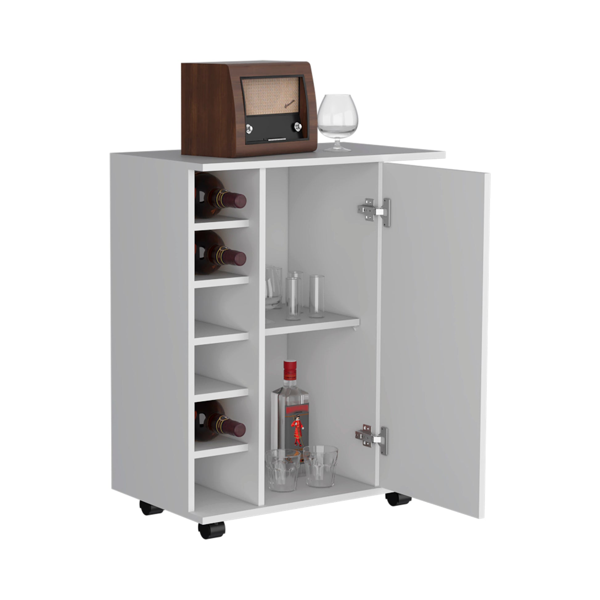 Lothian Bar Cart With Casters, 2 Side Storage Shelves And 6 Wine Bottle Rack White Primary Living Space Modern Particle Board Shelves Included Engineered Wood