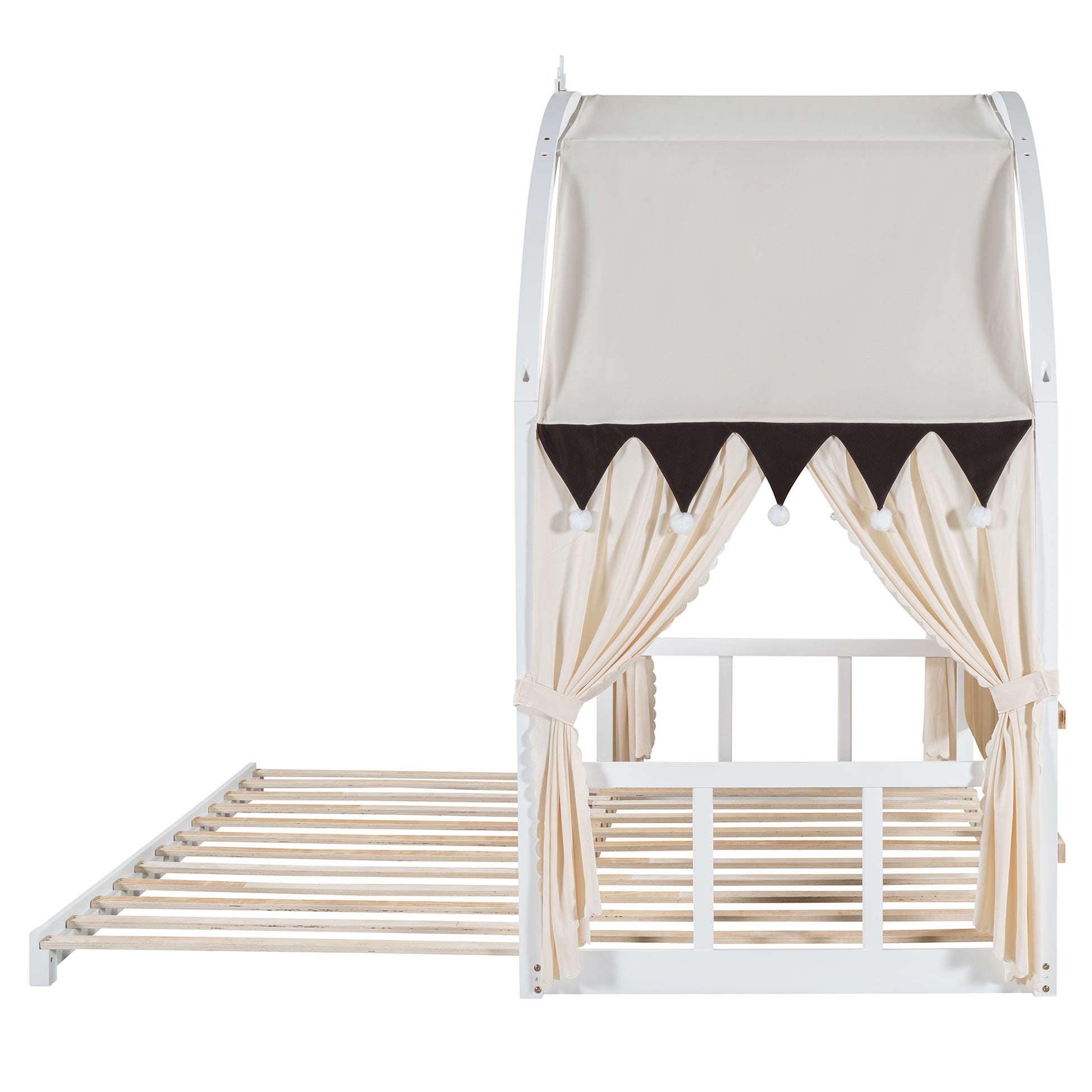 Twin Size Extended Bed With Arched Roof And Trundle, White Twin White Plywood