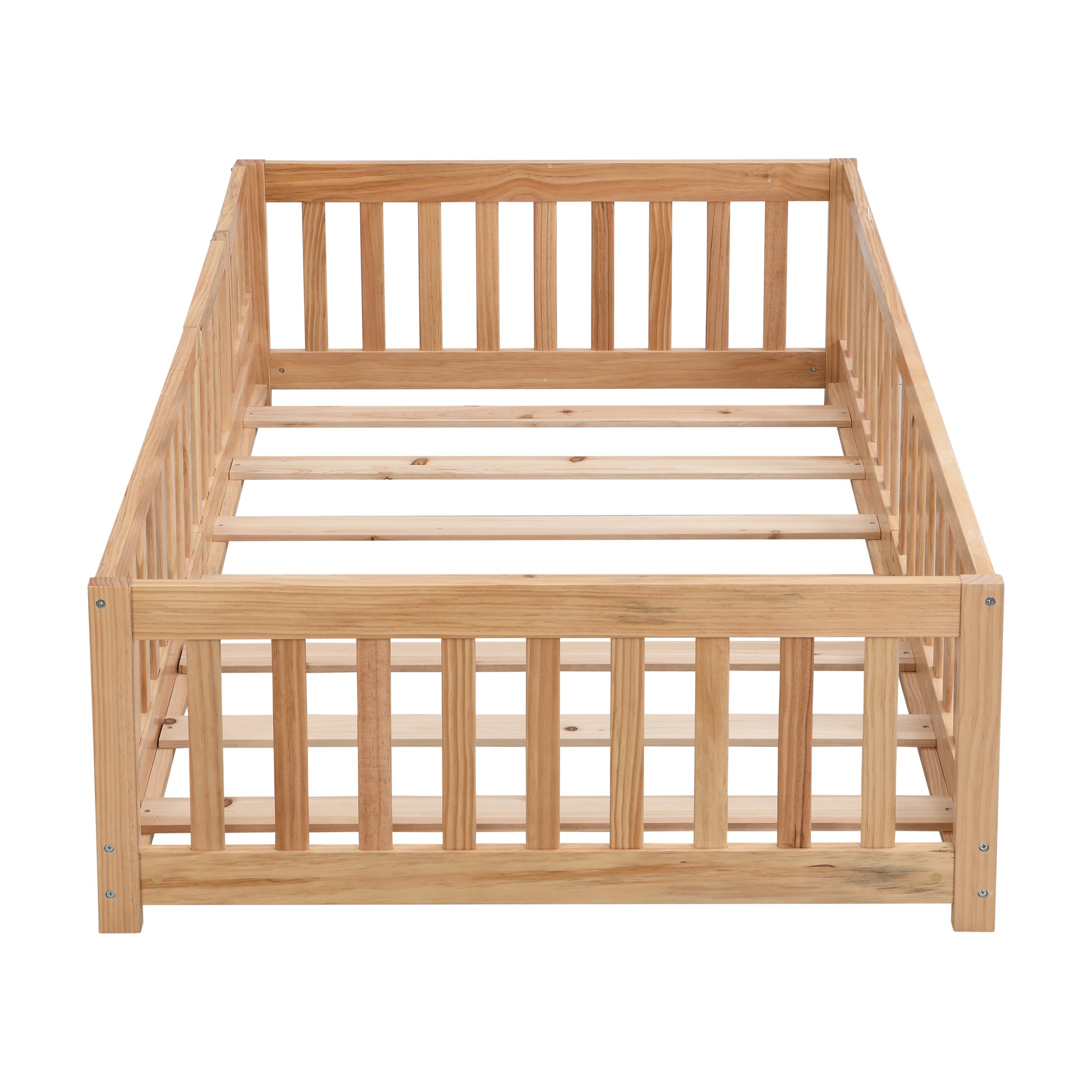 Twin Size Floor Bed With Door,Solid Wood Platform Bed Frame With Fence,Suitable For Children,Pine Wood,Natural Twin Natural Wood