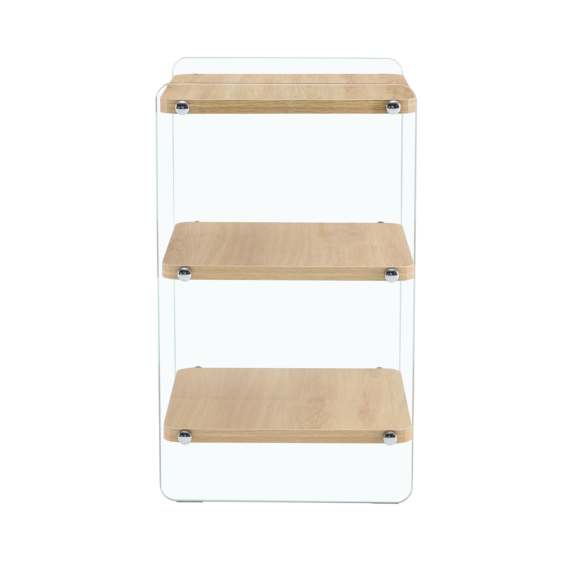 Three Layer Bedside Cabinet.The Board Is Made Of Mdf With Wooden Stickers, With Transparent Tempered Glass On Both Side.The Design Is Simple And Elegant, With Powerful Storage Function.Storage Cabinet Wood Mdf Glass