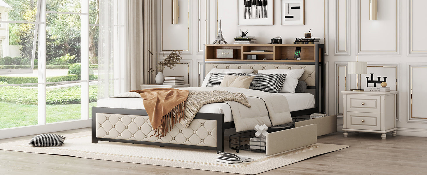 Metal Queen Size Platform Bed With 4 Drawers, Upholstered Headboard And Footboard, Sockets And Usb Ports, Beige Queen Beige Black Fabric Metal