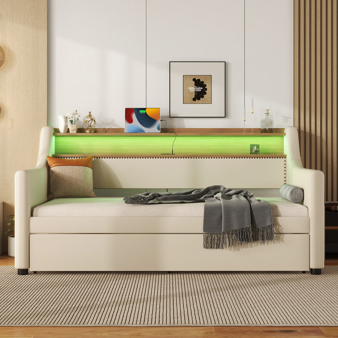 Twin Size Daybed With Trundle, Upholstered Daybed With Charging Station And Led Lights, Beige Expect Arrive Date:May 20Th. Twin Beige Pu Leather