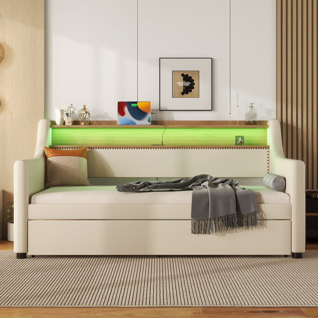 Twin Size Daybed With Trundle, Upholstered Daybed With Charging Station And Led Lights, Beige Twin Beige Pu Leather