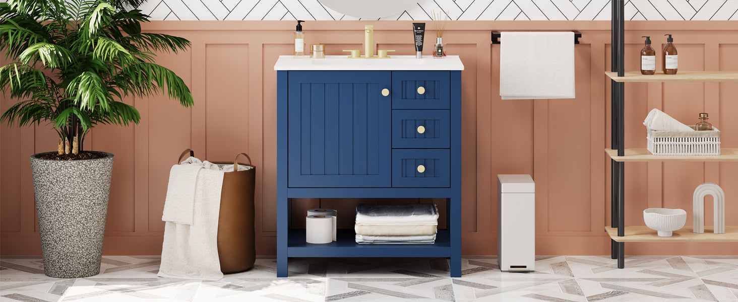 30Inch Transitional Style Bathroom Vanity Cabinet Combo With Ceramic Sink Blue Bathroom Solid Wood Mdf