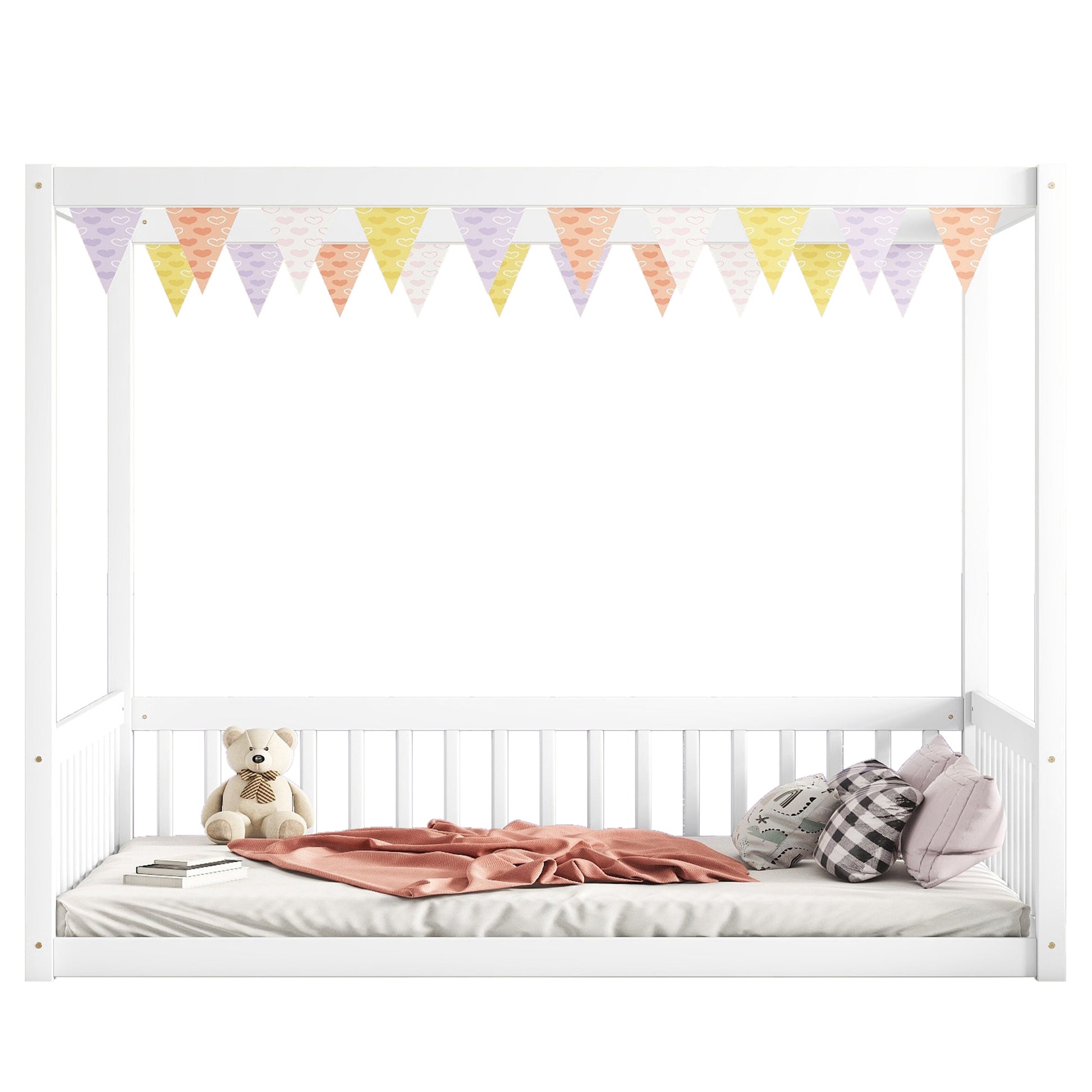 Full Size Canopy Frame Floor Bed With Fence, Guardrails,White Full White American Design Pine