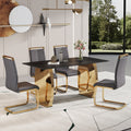 Table And Chair Set,Modern Rectangular Table With 0.4 Inch Black Patterned Tabletop And Gold Legs, Suitable For Kitchen, Dining Room, And Living Roomcomfortable Pu Seats,Perfect For Dinner, Meet Grey Black Seats 4 Sintered Stone