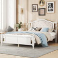 Queen Pine Wooden Bed With Upholstered Headboard And Panel Footboard, With Two Bed Rail Support Feet And Central Platform Support Feet ,White Queen White Pine