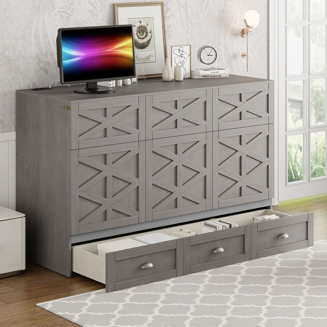 Queen Size Murphy Bed With Large Drawers,Brushed Gray Queen Gray Plywood