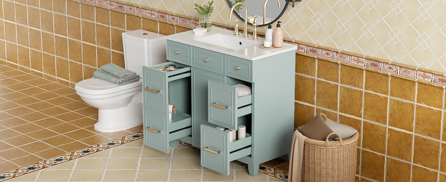 36" Bathroom Vanity With Ceramic Sink, Green, Solid Wood Frame, Soft Close Doors, Adjustable Shelves, 3 Drawers ,Including Double Depth Drawer For Hairdryer Storage Old Sku:Sv000003Aag 1 Green