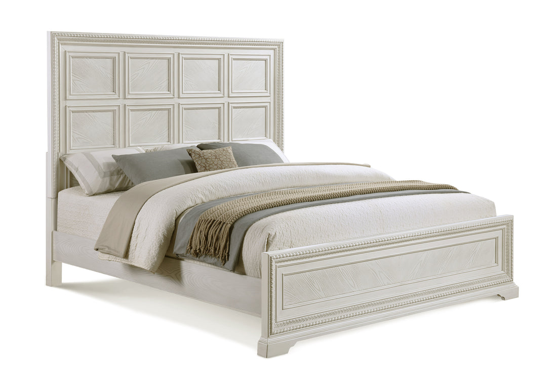 Transitional 1Pc King Panel Bed Modern Aesthetics White Cream Solid Wood Wooden Bedroom Furniture Box Spring Required King Cream White Wood Transitional Panel Wood Fabric