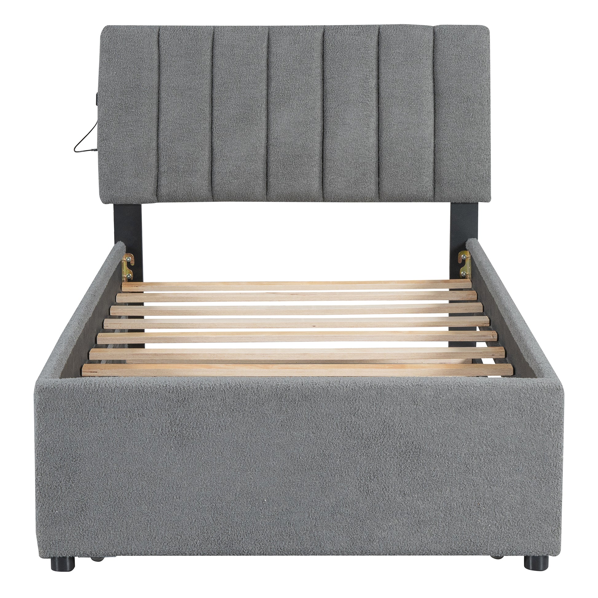 Teddy Fleece Twin Size Upholstered Platform Bed With Trundle, Gray Twin Gray Fleece