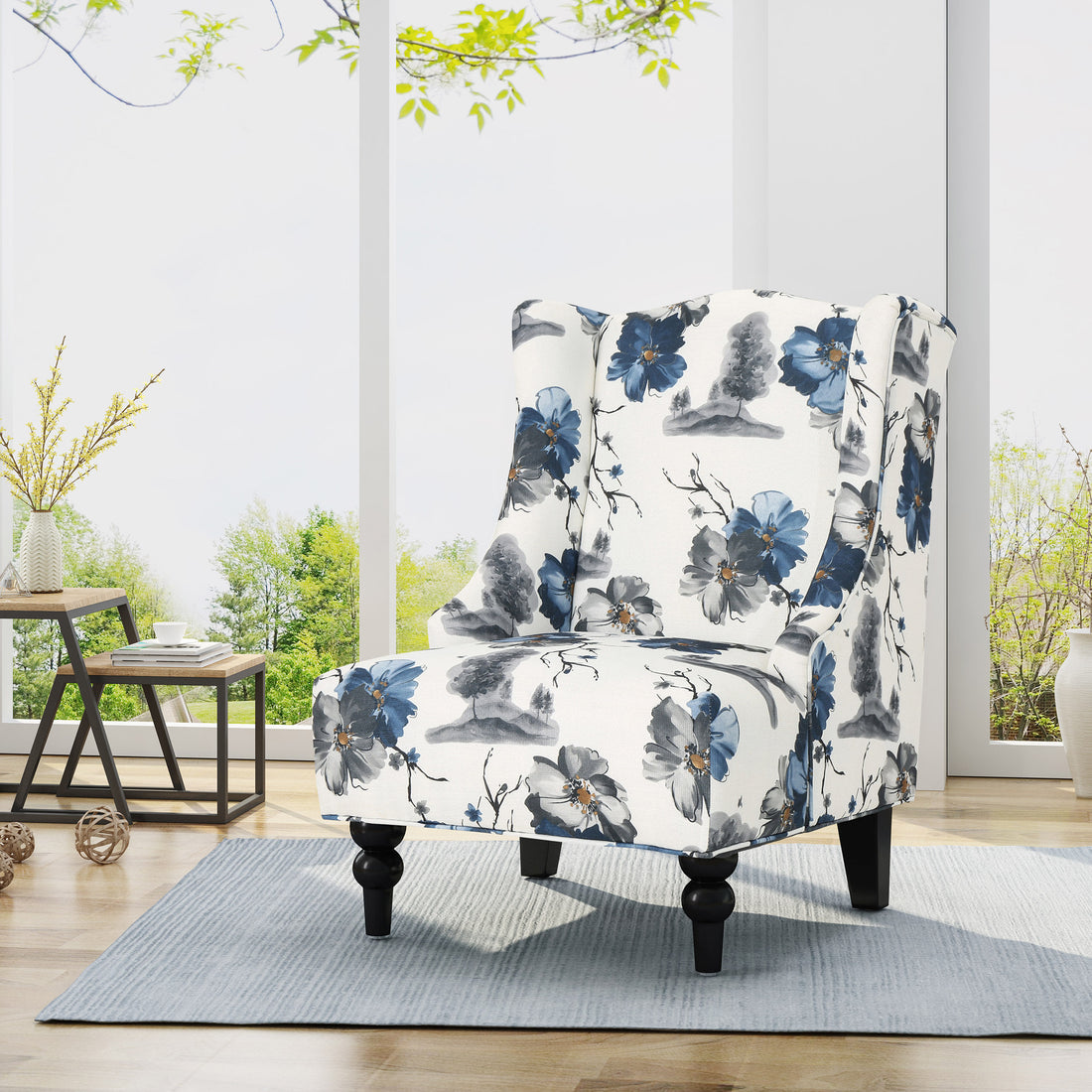 Toddman Hi Back Club Chair, High Back Fabric Club Chair, Print Beige Blue Flower Fabric