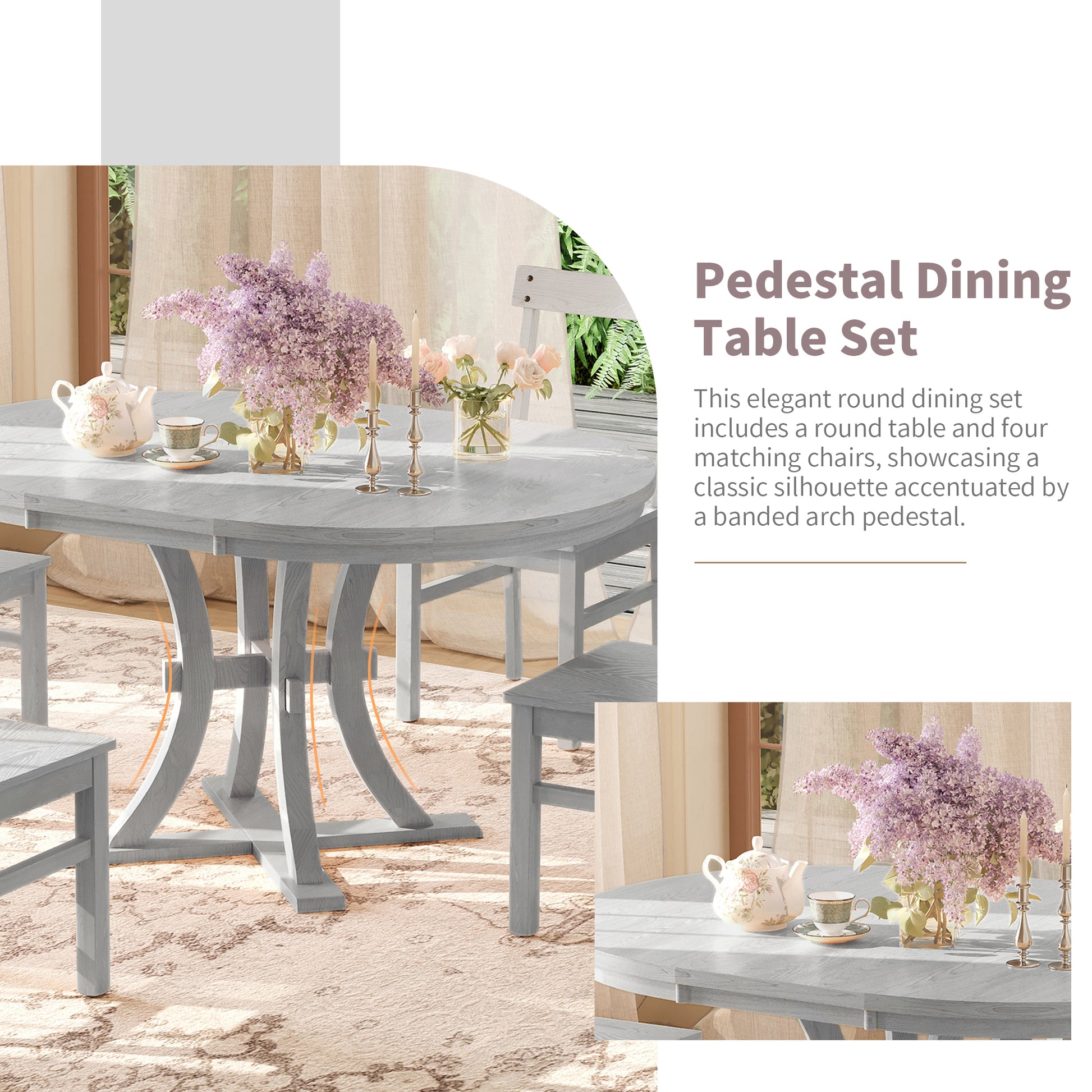5 Piece Rustic Round Pedestal Extendable Dining Table Set With 15.7" Removable Leaf And Simple Dining Chirs For Small Places, Gray Gray Wood Dining Room Extendable Rubberwood Oval Dining Table With Chair Wood Wood Gray Seats 4 Removable Leaf Farmhouse
