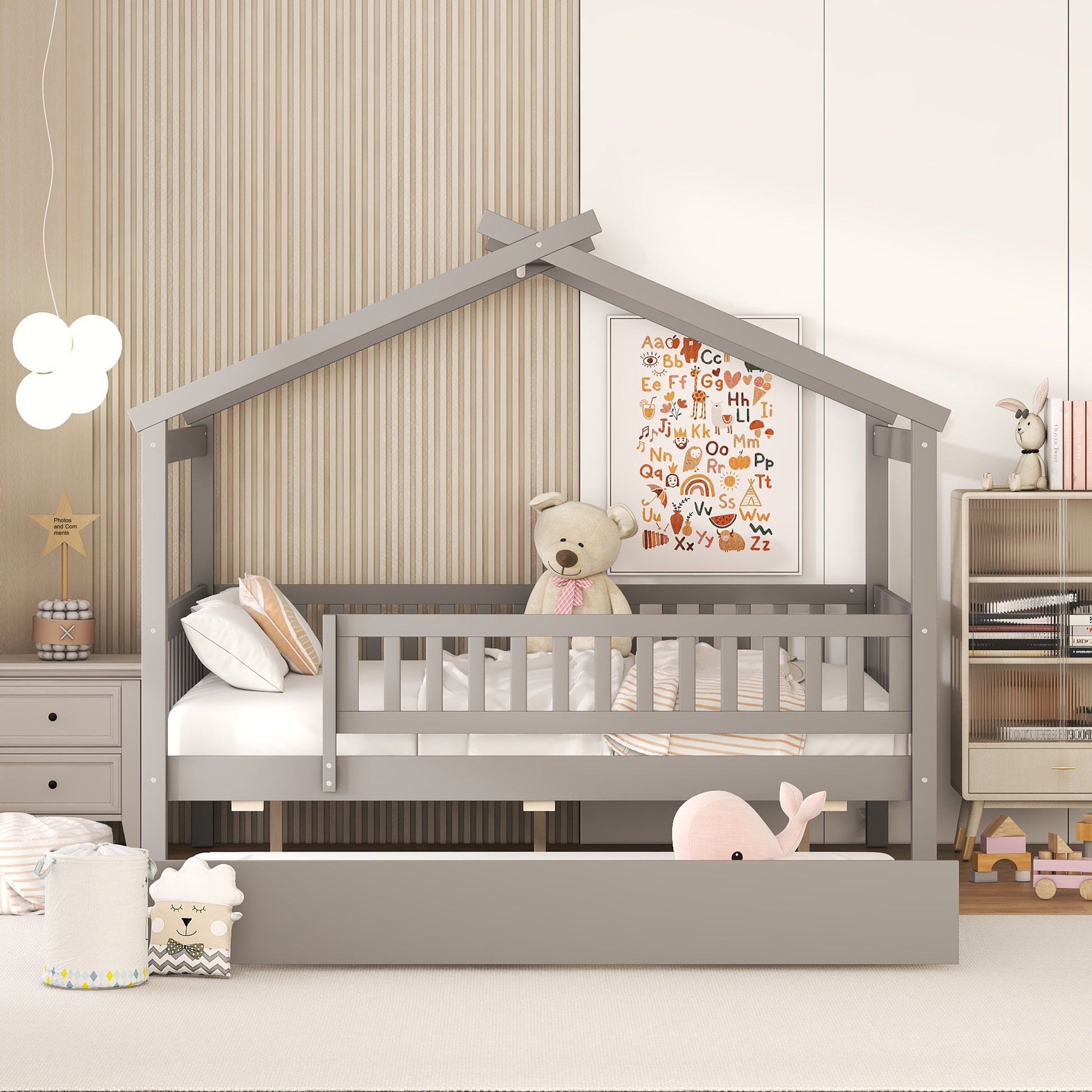Full Size Wooden House Bed With Twin Size Trundle, Gray Full Gray Solid Wood Mdf