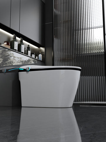 Luxury Smart Toilet With Bidet Seat Built In, Intelligent Toilet Auto Open Close Seat, Foot Sensor, Led Display,Night Light, Warm Water & Dryer,White White Bathroom Porcelain