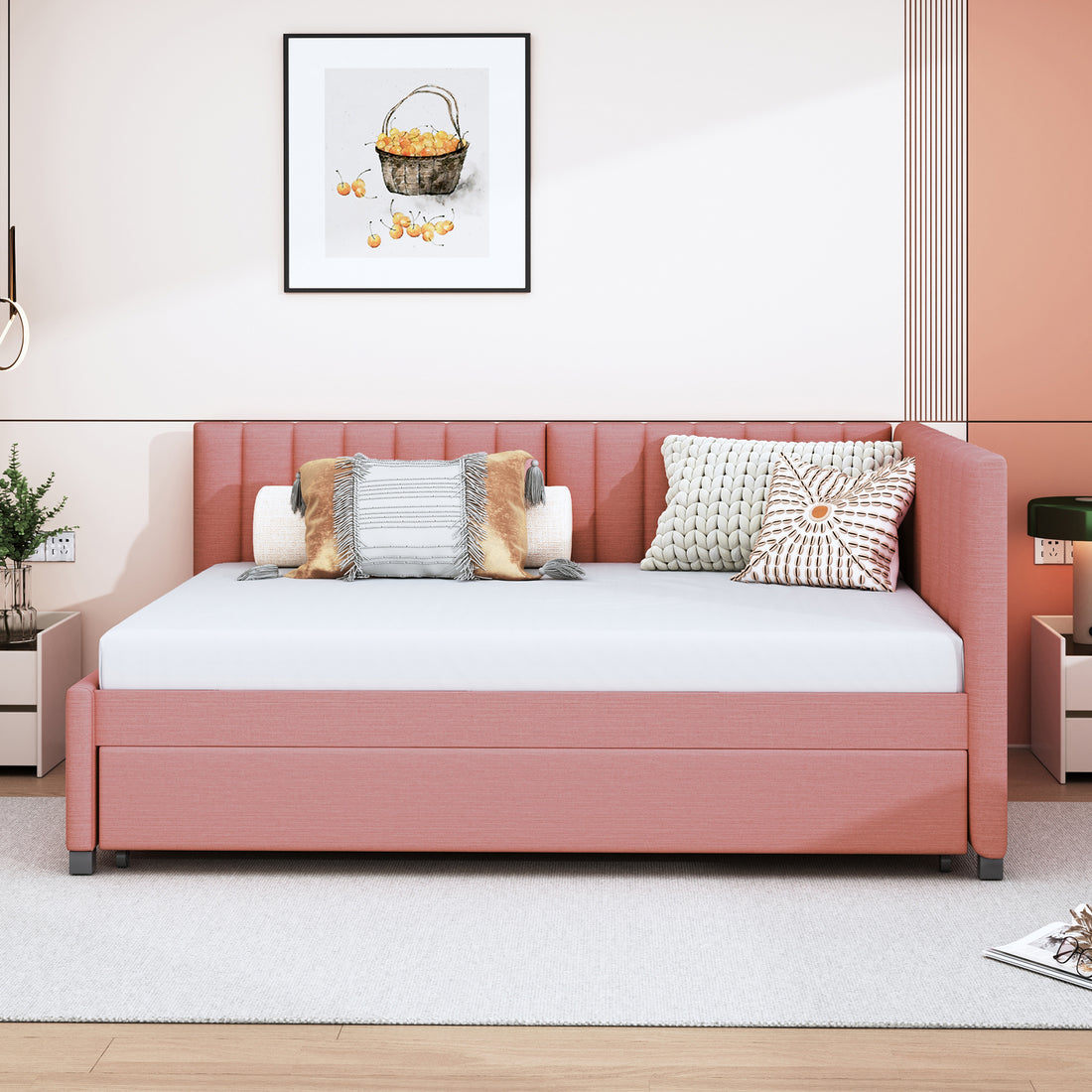 Full Size Upholstered Daybed With Trundle Sofa Bed Frame No Box Spring Needed, Linen Fabric Pink Full Pink Linen