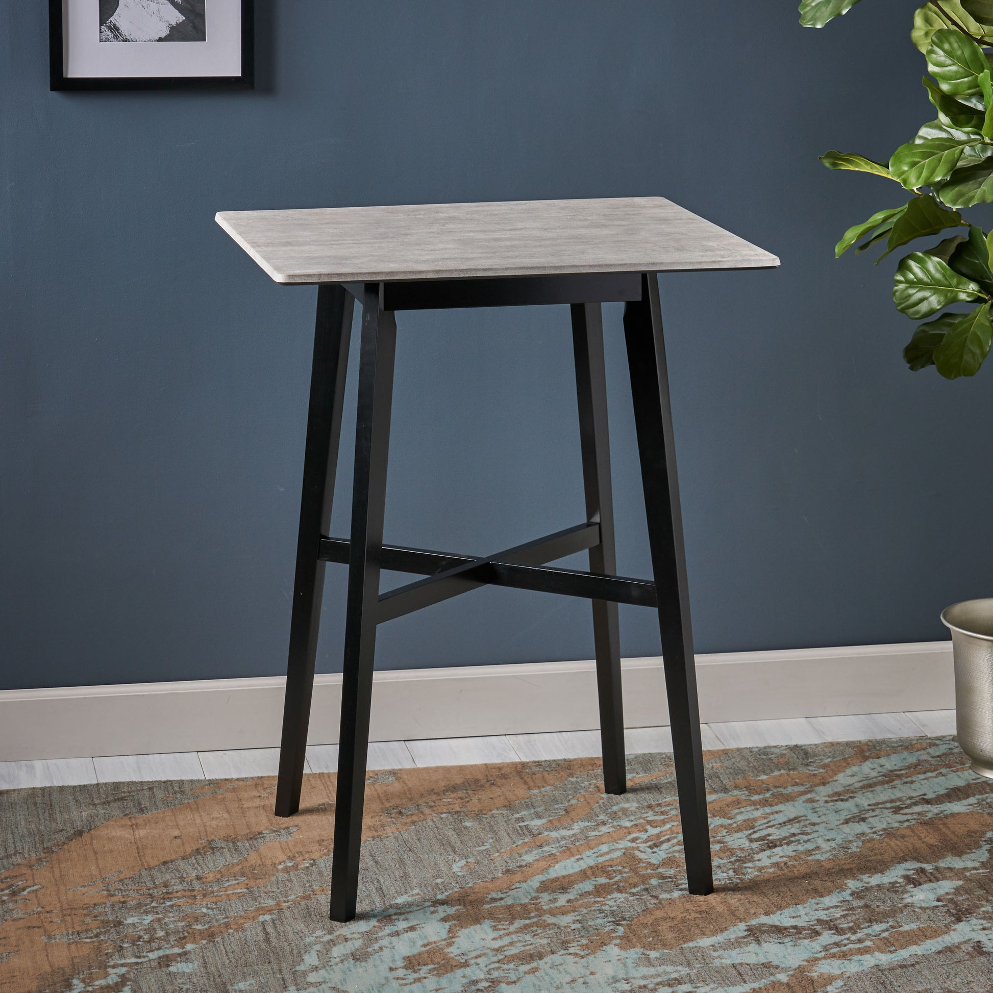 Modern Bar Height 42" Dining Table, Rubberwood Legs And Laminate Table Top, Gray Finish, Black Cement Grey Mdf