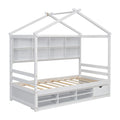 Twin House Bed With Roof Frame, Bedside Shelves, Under Bed Storage Unit,White Twin White American Design Pine