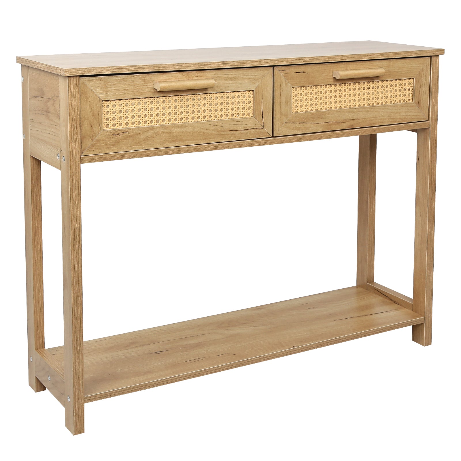 Console Table With 2 Drawers, Sofa Table, Entryway Table With Open Storage Shelf, Narrow Accent Table With Rattan Design For Living Room Entryway Hallway, Natural Color Natural Particle Board