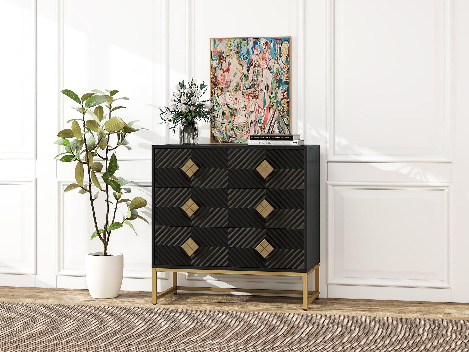 3 Drawer Storage Cabinet,3 Drawer Modern Dresser,Chest Of Drawers With Decorative Embossed Pattern Door For Entryway,Living Room,Bed Room Black Modern Particle Board Mdf